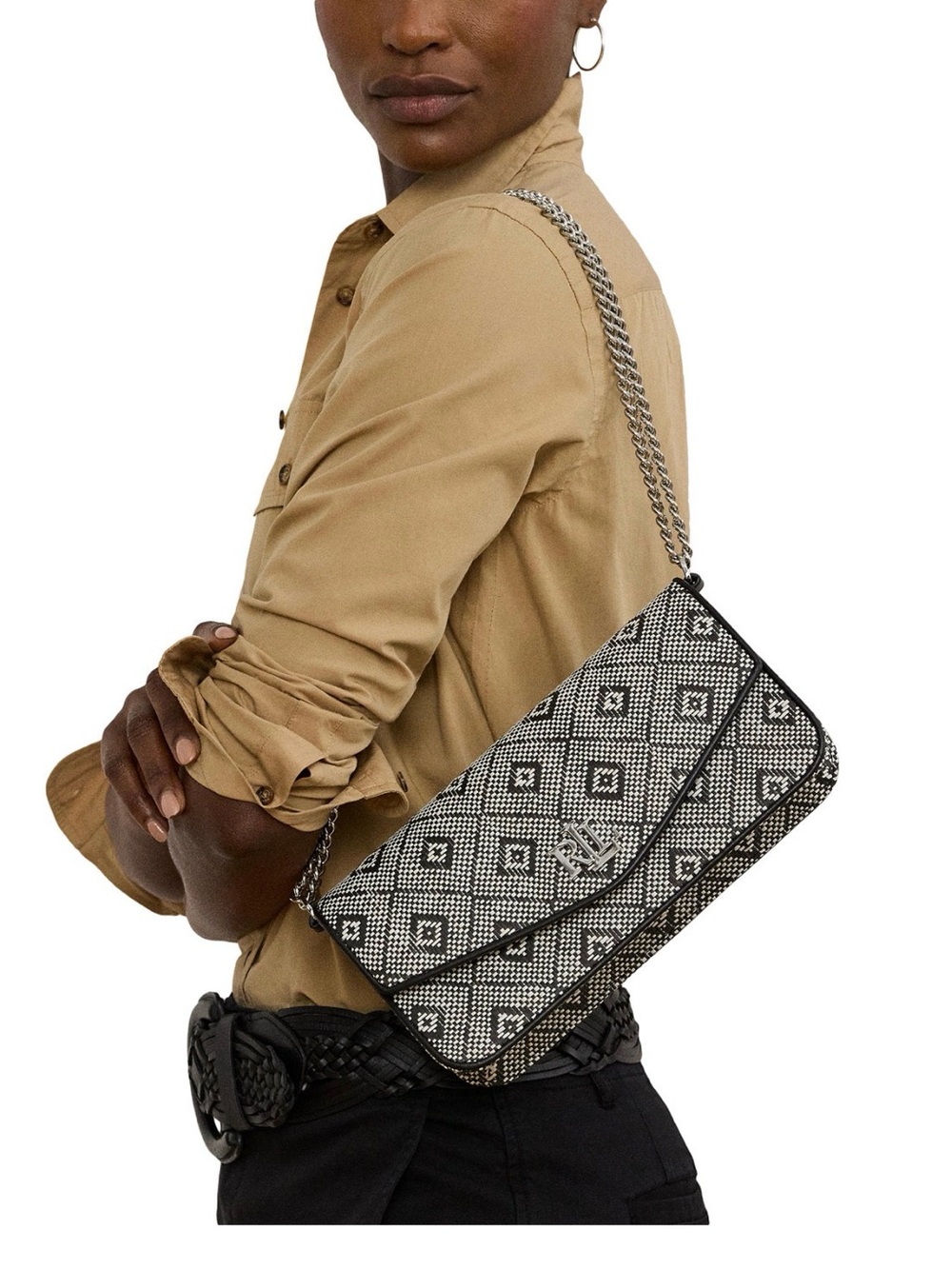 Lauren Ralph  Medium Geo Motif Woven Convertible Clutch Shoulder Bag
